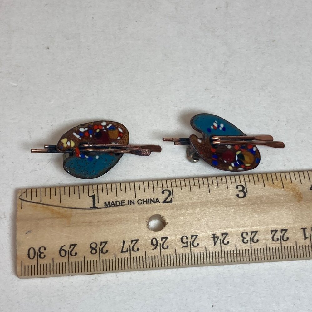 Renoir Matisse Copper Artist Pallet Vintage Clip On Earrings Paintbrush Art Deco - Picture 7 of 8